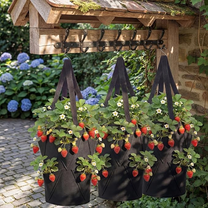 SATINIOR 10 Pack Upside Down Strawberry Planter Set Hanging Vegetables Grow Bags with 10 S Hooks, 3 Gallon Fabric Planting Bags for Easy Vertical Gardening(Black)
