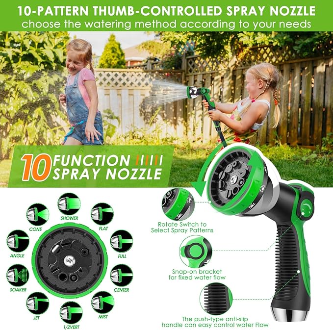 Non-Expanding Garden Hose 150 ft, Lightweight Hose & Flexible Water Hose With 10-Pattern Spray Nozzle, Kink-Free Design, Durable Leakproof Yard Outdoor Hose, Portable Storage Strap, 150 Feet