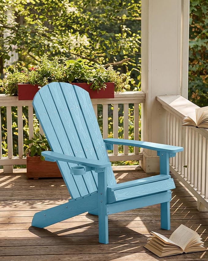 YEFU Adirondack Chairs Set of 4: Outdoor Chair HIPS Plastic Adirondack Chairs - Patio Chairs with Cup Holder & Wood Texture - Lawn Fire Pit Deck Porch Garden Chairs for Adults (Blue)
