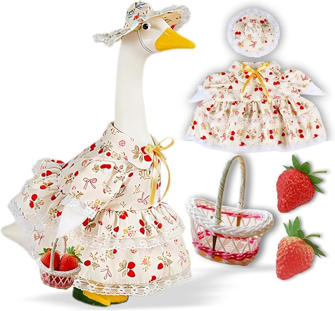 Summer Porch Goose Outfit for 23" Cement Statue Goose,Porch Goose Clothes with Strawberry Skirt and Hat for Spring Outdoor Yard Lawn Patio Decor（Beige）