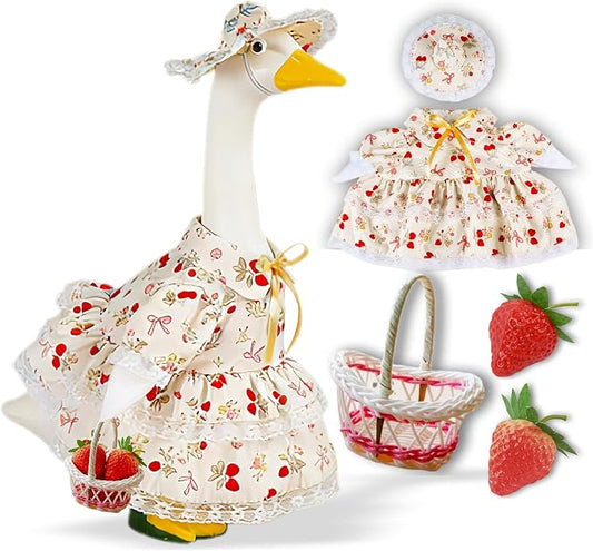 Summer Porch Goose Outfit for 23" Cement Statue Goose,Porch Goose Clothes with Strawberry Skirt and Hat for Spring Outdoor Yard Lawn Patio Decor（Beige）