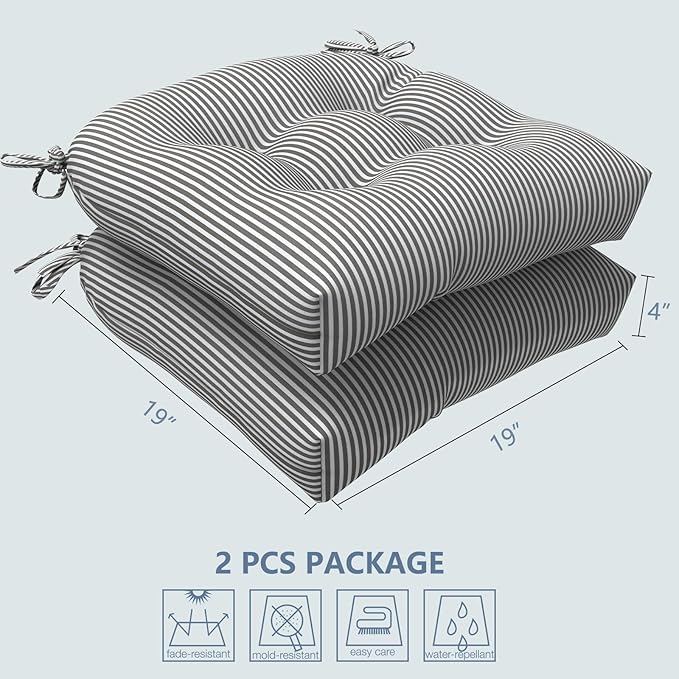 LVTXIII Patio U-Shaped Wicker Seat Cushion, Outdoor Tufted Chair Pads Decorative Seat Cushion Set for Garden Home Office Furniture Ornament, 19”x19”x4”, Pack of 2, Topanga Stripe Grey
