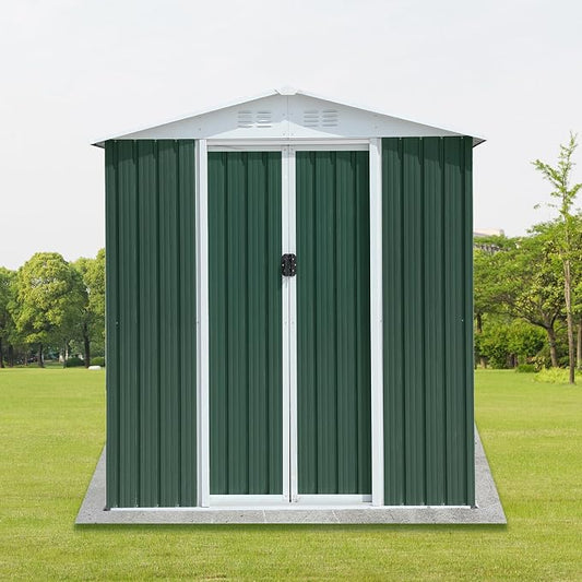 6FT x 4FT Apex Roof Garden Shed, Outdoor Metal Storage Shed, Galvanized Steel & Aluminum Alloy Frame, Sliding Door Tool Storage House, Weather Resistant Backyard Patio Bike Storage, Green