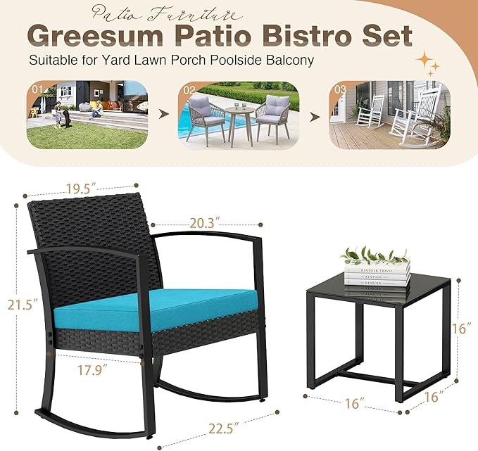 Greesum 3 Piece Outdoor Bistro Set, Imitation Rattan Conversation Set, Patio Furniture with Glass Top Coffee Table for Pool, Deck, Porch, Garden or Balcony, Bright Blue