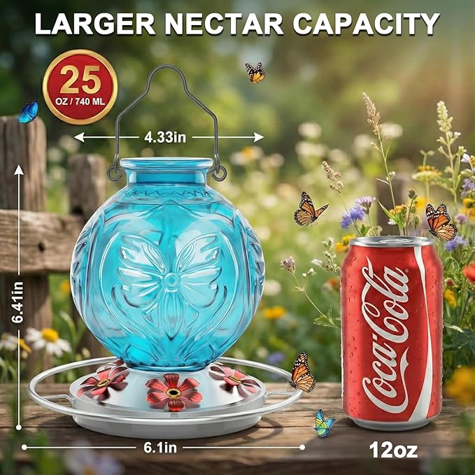 Glass Hummingbird Feeder for Outdoors Hanging, 25Oz Humming Bird Nectar Feeders with Perch & 5 Flower Feeding Ports, Leak Proof for Outside Garden Decor, Gifts for Women (Blue)