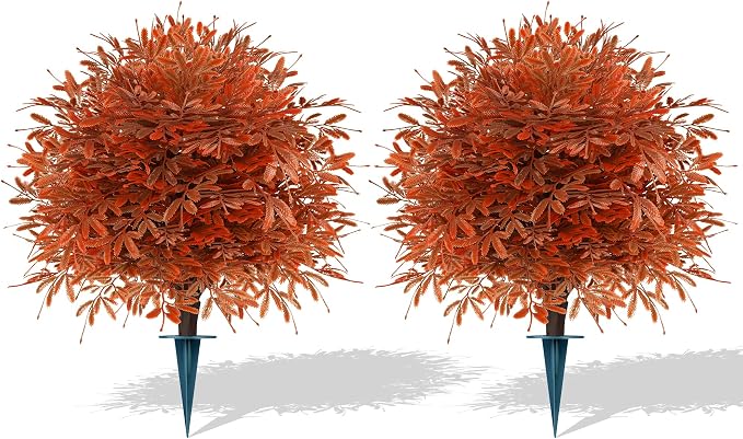 Grooy 2 Pack Artificial Fall Cedar Topiary Trees with Spike | UV Resistant PE Material, Realistic Flush Appearance, Zero Maintenance, Durable Ground Spike, Decor for Indoor&Outdoor