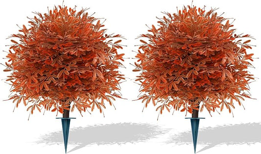 Grooy 2 Pack Artificial Fall Cedar Topiary Trees with Spike | UV Resistant PE Material, Realistic Flush Appearance, Zero Maintenance, Durable Ground Spike, Decor for Indoor&Outdoor