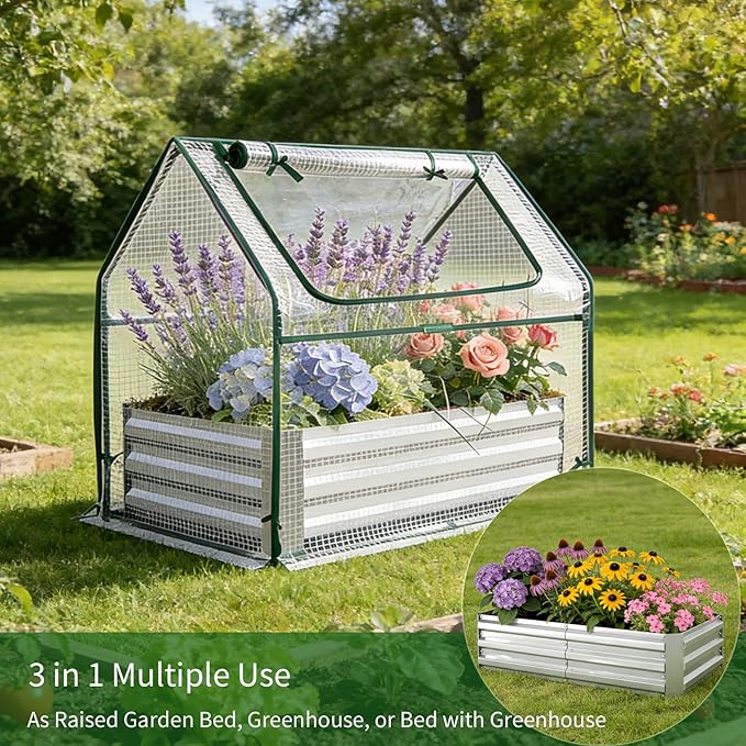 Miory Raised Garden Bed with PE Cover, 4x2.5x1 FT Galvanized Planter Box Outdoor with Mini Greenhouse, 2 Zippered Windows for Vegetables, Flowers, Includes Plant Labels & Gloves