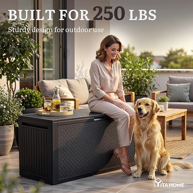 YITAHOME 90 Gallon Outdoor Storage Deck Box, Waterproof Resin Deck Box w/Handles, Lockable Outdside Deck Box for Patio Furniture, Garden Tools, Lockable & UV Resistant(Black)