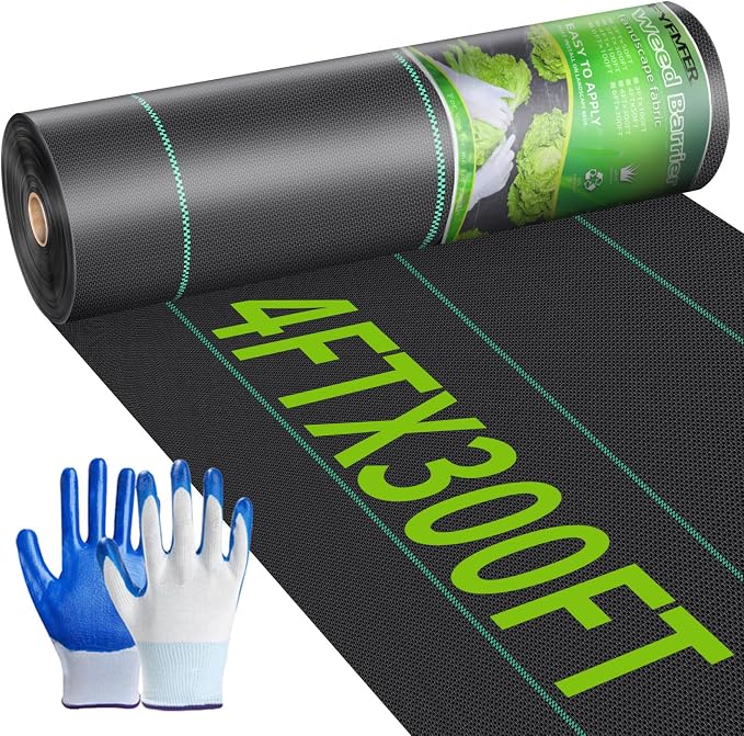 4ftx300ft Weed Barrier Landscape Fabric Heavy Duty, Woven Weed Control Cloth, Woven Geotextile Fabric for Underlayment, Commercial Driveway Weed Block Cover Mat,with 1 Pair of Gloves