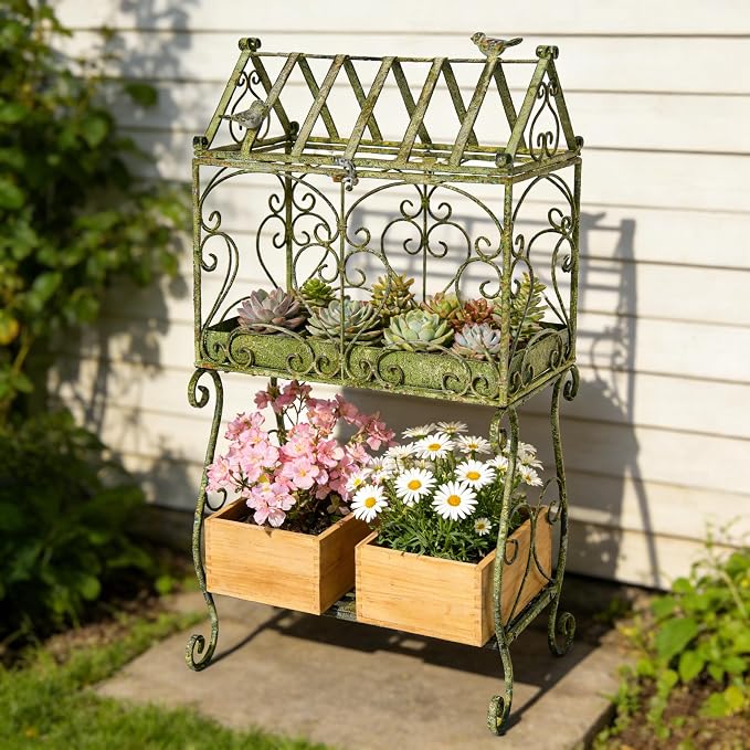 Vintage 2-Tier Metal Plant Stand with House-Shaped Planter Tray, Distressed Green Rustic Plant Shelf with Succulent Tray for Indoor Outdoor Garden, Patio & Balcony Decor