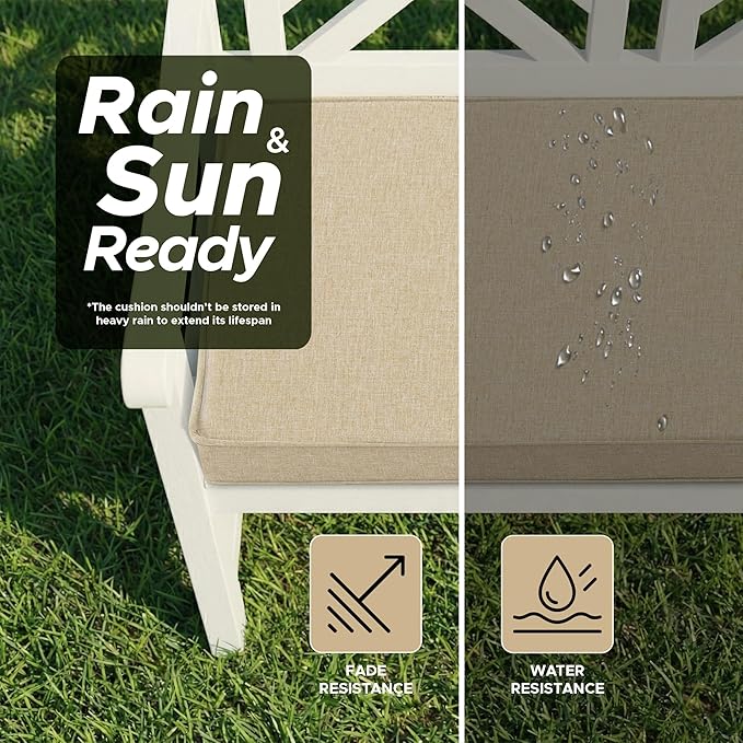 Outdoor Bench Cushion, Water-Resistant & Fade-Resistant, Porch Swing Cushions with Ties, Patio Furniture Seat Pads for Entryway Loveseat, Removable Cover Non-Slip Bottom, 36 x 14 Inch, Natural