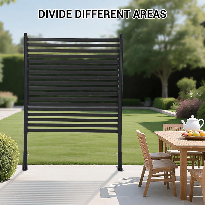 IDEALHOUSE 48"×59" Outdoor Privacy Screen, Freestanding Galvanized Steel & PE Slat Divider, 2-Way Installation Decorative Fence for Trash Can Patio Backyard Garden, Black