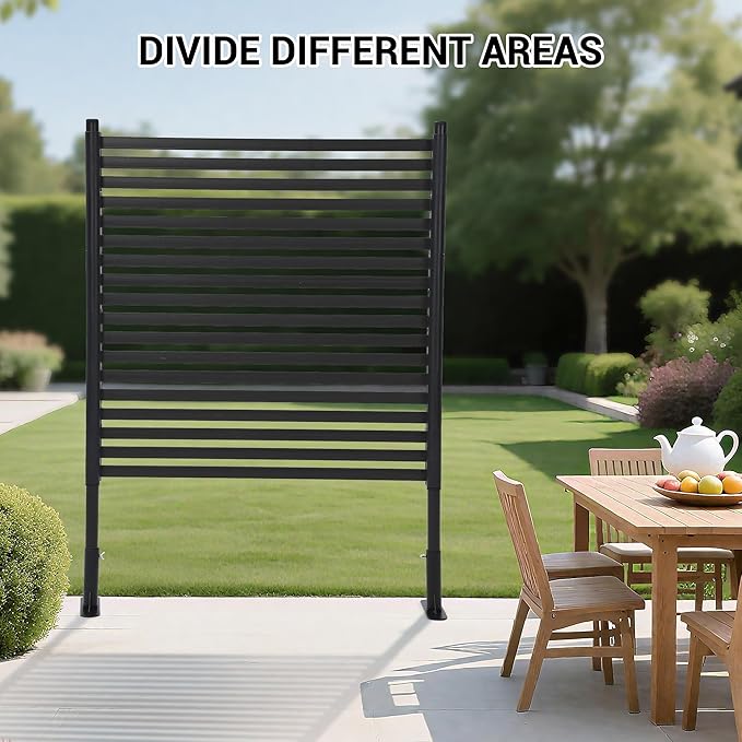 Outdoor Privacy Screen 48" x 59", Freestanding Feet Privacy Fence Screen for Outside, Trash Can Metal Privacy Panels, Decorative Pipes and Slats Divider for Backyard Patio Garden