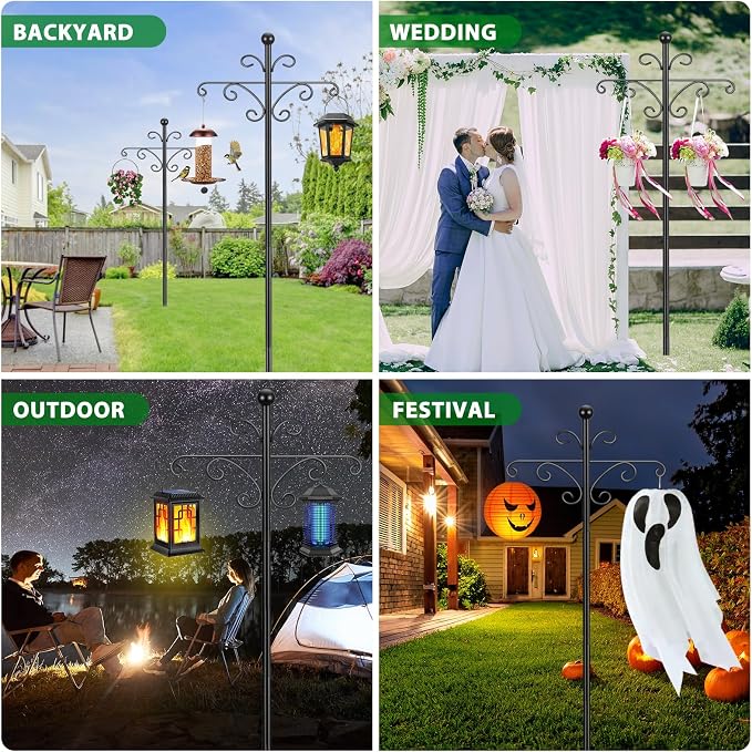 Bird Feeder Pole for Outdoors Heavy Duty Squirrel Proof, 2 Pack 76 Inch Adjustable Tall Shepherds Hooks for Outdoor with 7 Prongs Base, Double Shepherd Hooks (2 Pack Black, 76 Inch)