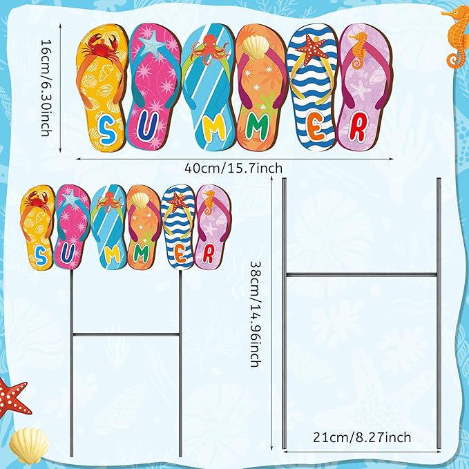 Weysat Summer Metal Yard Signs 15. 7 Inch Flip Flops Decoration Outdoor Beach Yard Decorations with Stakes Waterproof Slipper Sign Summer Pool Beach Decor for Home Garden Patio Lawn Party