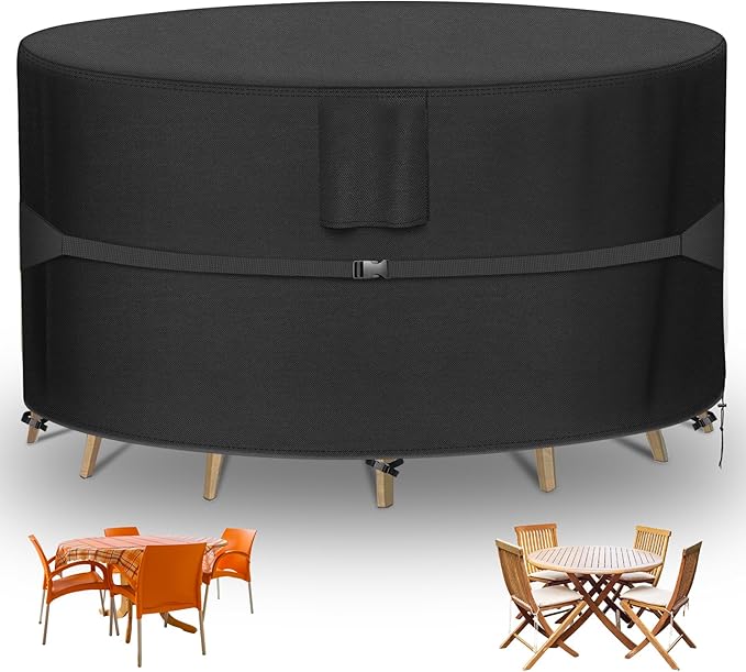 RICHIE Round Patio Furniture Covers - 600D Heavy Duty Waterproof Outdoor Table Cover, Lawn Furniture Set Covers for Dining Table and Chairs Seating 96"DIAx28"H
