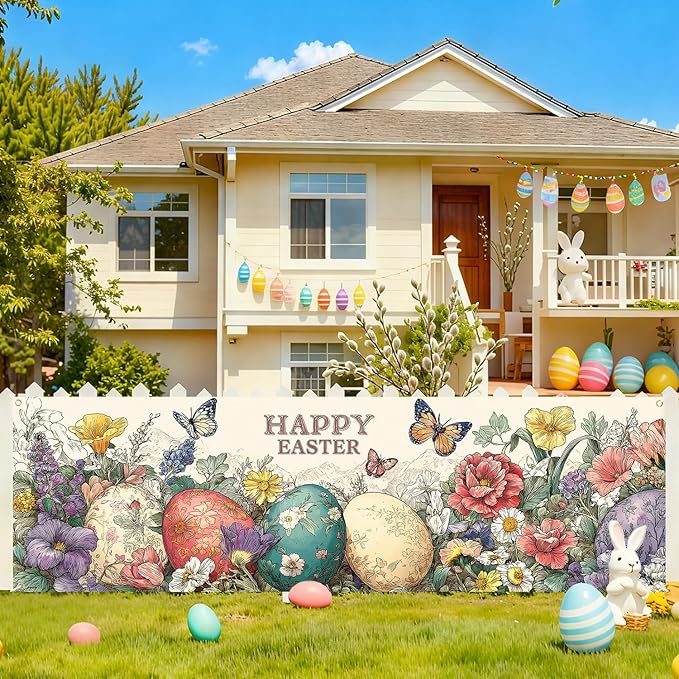 Happy Easter Fence Banner 118 x 35 Inch, Large Waterproof Outdoor Easter Eggs Banner with Flowers & Butterflies for Yard Porch Fence Spring Decorations