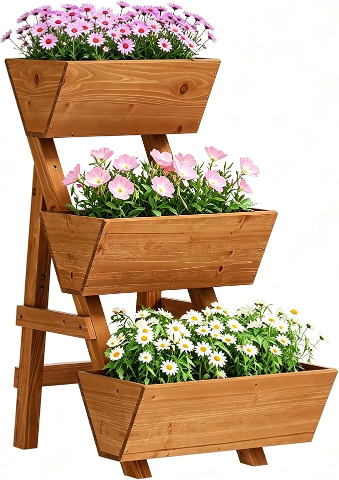 Vertical Wooden Raised Garden Bed, Garden Planters Freestanding Wood Plant Stand Flower Rack Wooden Planter Box for Plants Herbs Flowers Vegetables Outdoor Indoor Gardening (3-Tier Small Brown)