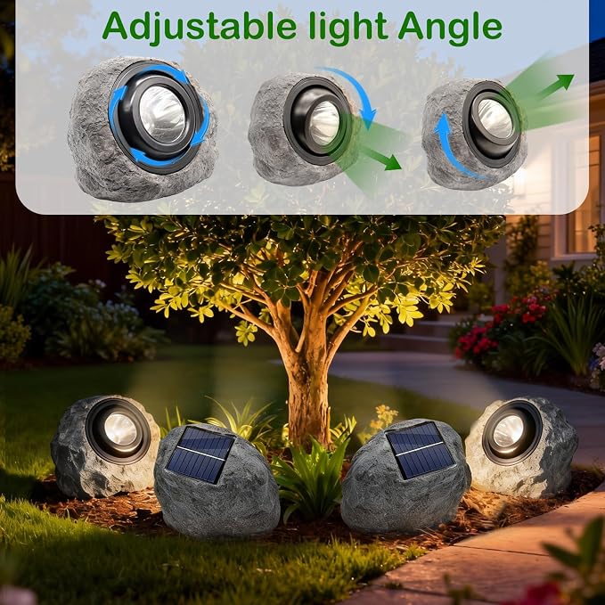 Solar Rock Lights Outdoor,2 Pack IP65 Waterproof LED Solar Ash Gray Garden Stone Spotlights,Warm White & Cool White Switchable,Auto On/Off Landscape Lights for Pathway Walkway Yard Patio