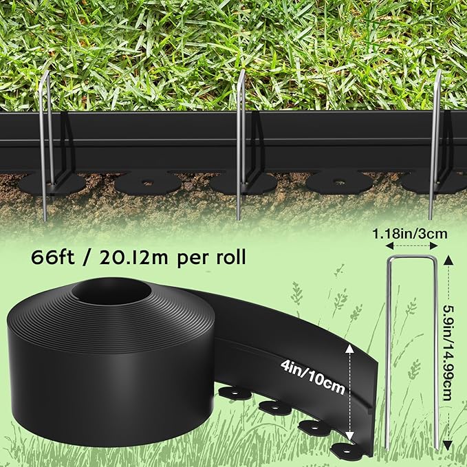 Bluepro Garden Edging Border, 4 Inch 66 ft No Dig Landscape Edging Border with 100 Steel Stakes (Strong) & Reinforced Design - Tall Plastic Lawn Barrier for Flower Beds, Walkways & Yard