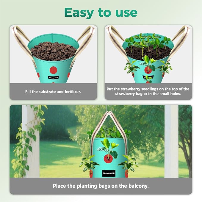 3 Pack Hanging Strawberry Planter Bags, 2 Gallon Hanging Grow Bags with Bottom Planting Hole, Thickened PE Strawberry Pot for Vegetables Herbs Tomatoes