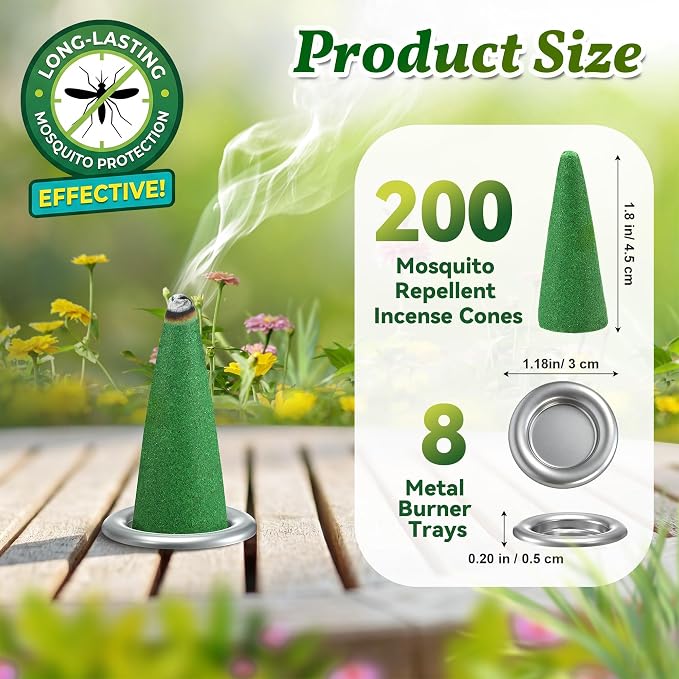 200 Pcs Mosquito Repellent Incense Cones with 8 Metal Dishes, Natural Citronella Incense Cone for Outdoor & Indoor, Suitable for Camping, Hiking, Patio, Poolside, Living Room