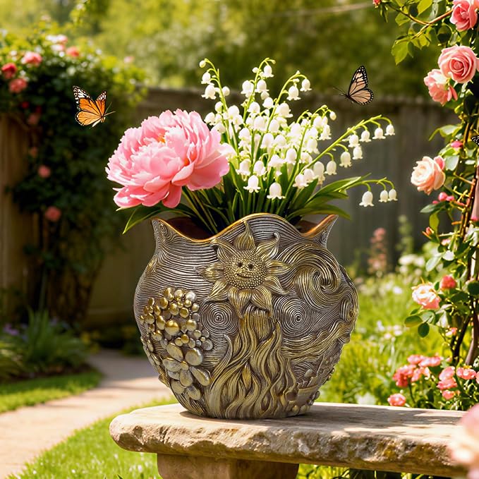 Sunflower Starry Sky Plant Pots-Cute Unique Flower Pots with Drainage Hole, Resin Planters for Indoor Outdoor Succulent Planter, Plant Gifts for Mother's Day, Birthday, Christmas (Gold)