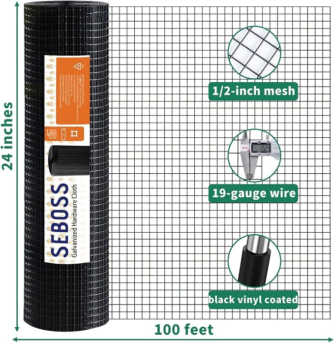 SEBOSS Hardware Cloth 1/2 inch 24 x 100 ft 19-Gauge, Black Vinyl Coated Wire Mesh Roll Chicken Wire Mesh Chicken Wire Fencing Wire Fence Roll Garden Fencing Welded Wire Rodent Wire