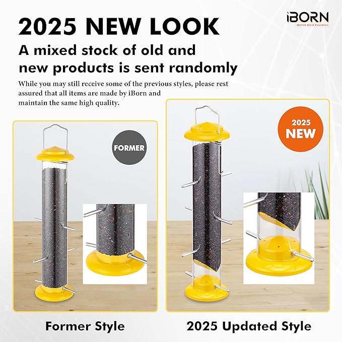 iBorn Finch Feeders for Outside,Nyjer/Thistle Bird Feeder,14 Inch Tube Bird Feeders for Outdoors Hanging,Metal Finch Feeders for Thistle Seed with 12 Small Ports,8 Metal Perches,Yellow,Pack of 1