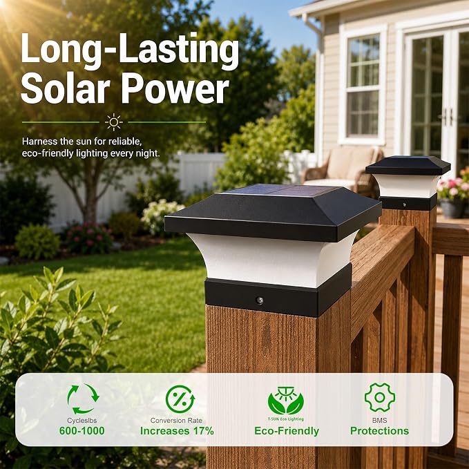 T-SUN 4X4 Solar Post Cap Lights, 6 Pack Warm White LED Fence Post Solar Lights, Outdoor Waterproof Post Lights for Wood & Vinyl Fence Posts, Deck, Patio Railing, Porch, Black
