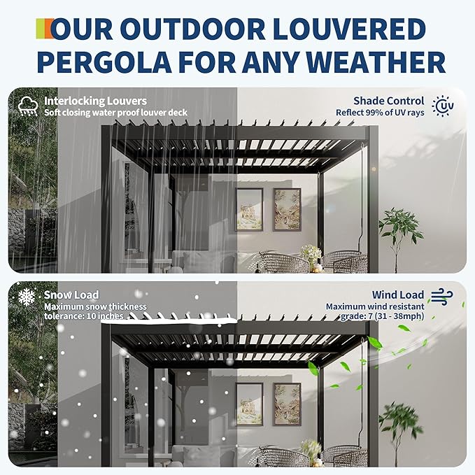 10x12 ft Adjustable Louvered Pergola, Independent Rainproof Roof, Outdoor Aluminum Patio Cover with Hidden Drainage for Garden Deck, Modern Gray