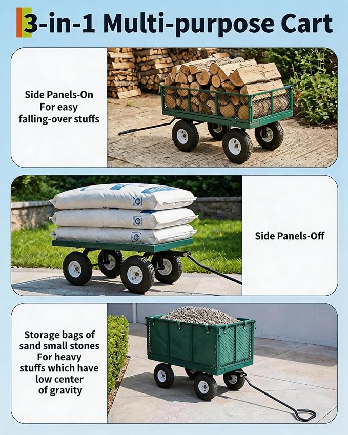 GarveeTech 400LBS Heavy Duty Steel Garden Cart, Garden Wagon Cart on Wheels, Metal Yard Utility Wagon with Removable Mesh Sides, 10" All Terrain Tires, 180° Rotating Handle for Lawn, Garden, Farm