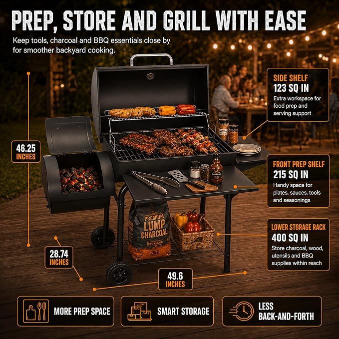 Realcook Charcoal Grill with Offset Smoker: Spacious Barrel Charcoal Grills with 800 Sq. In. Cooking Space - BBQ Offset Smoker Combo for Backyard Parties Weekend Barbecues Gatherings