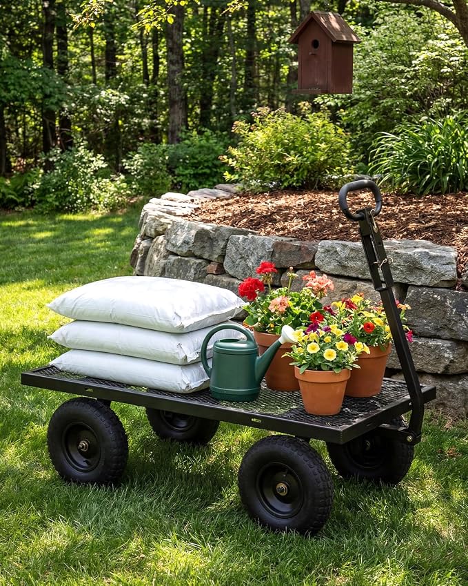 Garvee Versatile Outdoor Utility Cart-1000LBS Heavy-Duty, 13" All-Terrain Pneumatic Tires, Vehicle-Connectable, Easy Maneuverable Lawn Cart with Removable Mesh Panels for Gardening & Landscaping,Black