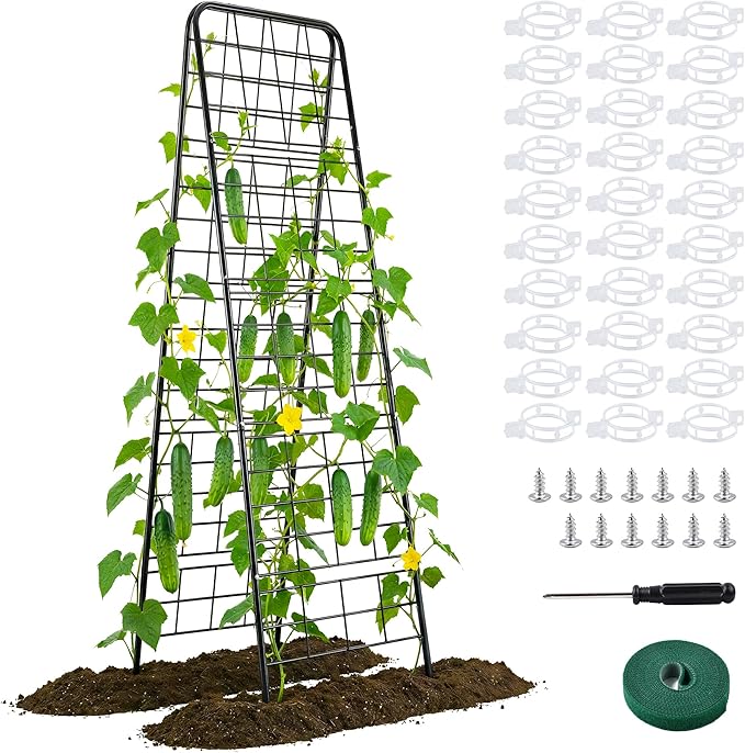 WAENLIR 63x17inch Cucumber Trellis Tomato cage with Dense Steel Grid–A-Frame Heavy Duty Metal Trellis for Raised Beds, Cattle Panels for Garden Trellis for Climbing Plants Outdoor (Black, 63x17inch)