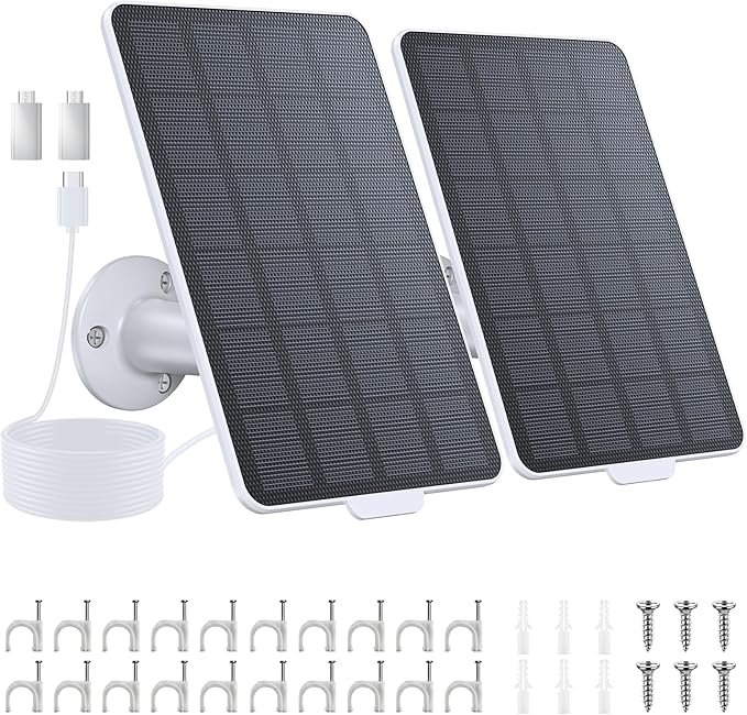 3W Solar Panel for Battery-Powered Security Cameras,USB-C & Micro USB Solar Charger for Wireless Outdoor Cameras,IP65 Waterproof, 9.8ft Cable, 360° Adjustable Mount (White, 2 Pack)