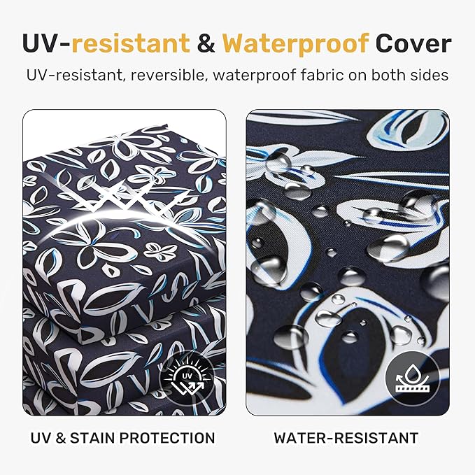 UNIKOME Outdoor Chair Cushions Pack of 4, Water Resistant Patio Cushions with Ties, High Density Sponge Filling Square Corner Seat Cushions for Outdoor Furniture, 18.5"*16"*3", Navy/White