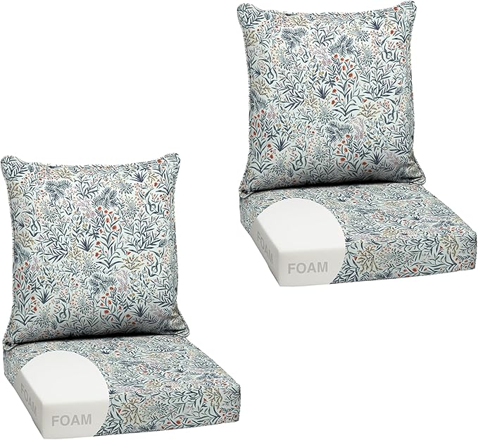 Arden Outdoor Foam Deep Seat Cushion Set (2-Pack), 24x24, Premium High-Density Foam, Never Flattens, Weather-Proof for Patio Chair Sofa Couch, Pistachio Botanical