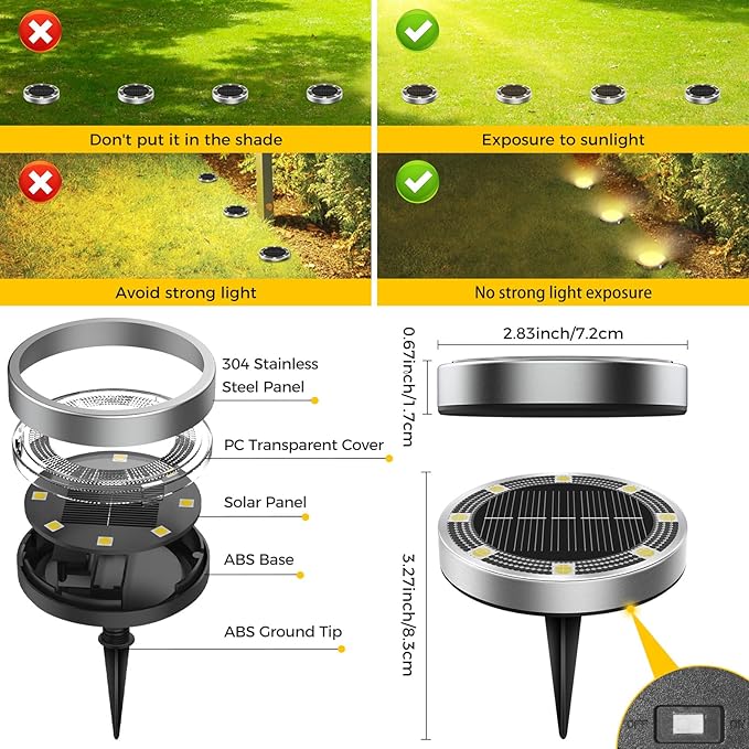6 Pack Solar Ground Lights Outdoor, 8 LED Mini Flat Solar Disk Lights, IP65 Waterproof Anti-Rust Disc Light, Landscape Lighting for Garden Pathway Yard Walkway Driveway Lawn,Warm White
