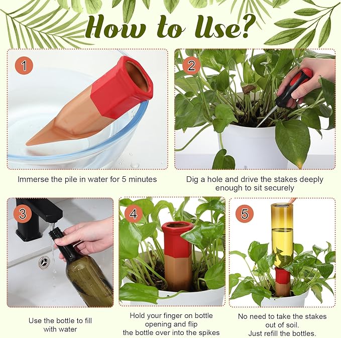 SiliFine 6 Sets Plant Watering Devices Include Terracotta Self Watering Spikes and 26 oz Plastic Bottles, Slow Release Vacation Insert Automatic Plant Waterer Device (Green and Mixed Color)