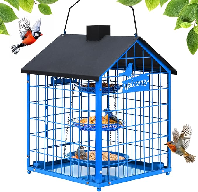 Bird Feeders for Outdoors, Metal Bluebirds Bird Feeder, Huge Caged Squirrel-Proof Bird Feeders with 4 Cups, DIY Wild Bird Feeders Outdoor Hanging, Attract Small Birds, 3 Layer Seed Tray (Blue)