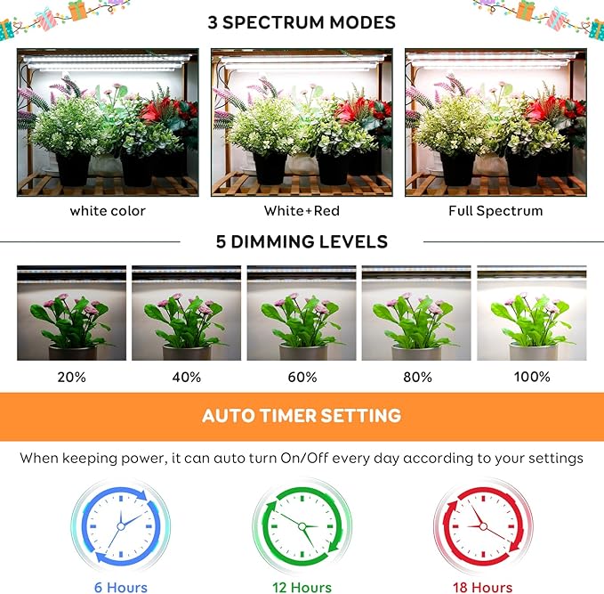 SDOVUERC 4 Bars Grow Light Strips for Indoor Plants with Auto ON/Off Timer 6/12/18H, 5 Dimmable Levels for Shelves Plant Growing(Pack 2)