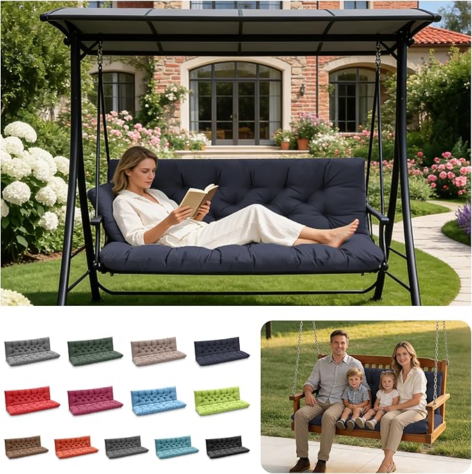 Porch Swing Cushions, Outdoor Swing Replacement Cushions 3 Seater with Backrest, Waterproof Bench Cushion with Ties,for Patio,Porch, Garden,Backyard