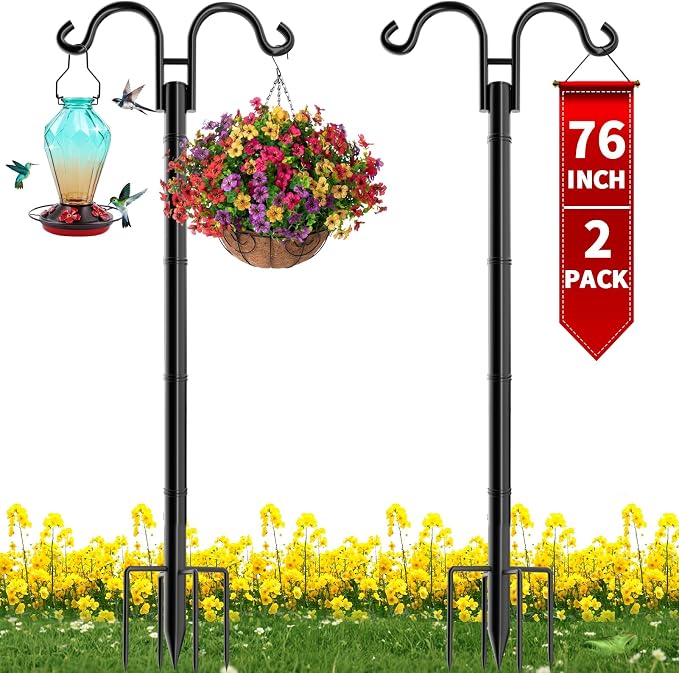 BEAU JARDIN Double Shepherds Hooks for Outdoor 76”2 Pack Adjustable Shepard for Garden Hummingbird Bird Feeder Pole 5 Prong Base Heavy Duty Metal Plants Hanger Lanterns Wind Chime Wedding for Outside