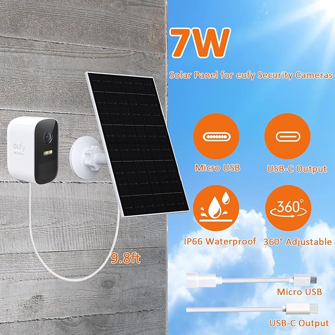 7W Solar Panel for Security Camera, Solar Panel Charger Compatible with Eufycam 2C/2C Pro/2/2 Pro/E20/E40/E, USB Solar Panel with USB-C Port, with Micro USB Connector & Rubber Plug
