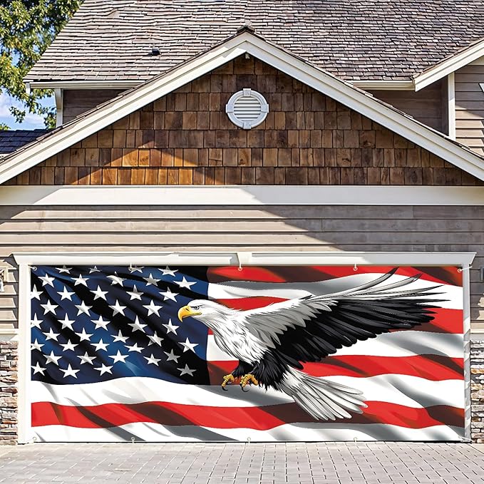 7 * 16FT Eagle USA Flag 4 of July Garage Door Cover Decorations Independence Day Garage Door Banner for Outdoor Indoor Patriot Party Photography Backdrop