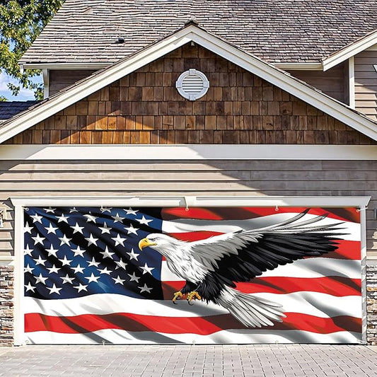 7 * 16FT Eagle USA Flag 4 of July Garage Door Cover Decorations Independence Day Garage Door Banner for Outdoor Indoor Patriot Party Photography Backdrop