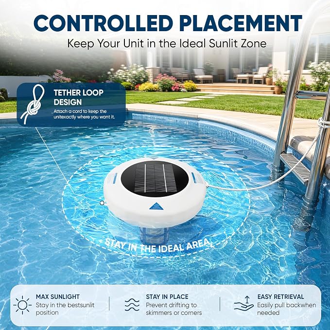 New Upgraded Solar Pool Ionizer for Above Ground & Inground Pools Up to 45,000 Gallons, Floating Solar Pool Cleaner with Copper Anode, Low Maintenance Pool Water Clarifier for Clear Pool Water