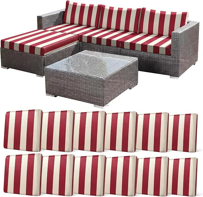 CALBODE 12 Pcs Stretch Outdoor Seat Cushion Covers, Washable Striped Chair Seat Cover for Patio Furniture Cushions Soft Indoor and Outdoor Couch Cover Replacement (Red&Beige, Cover Only)